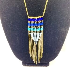 Southwest Inspired Beaded Tassel Bib Necklace Multi Tone Blue/Gold 17" Drop